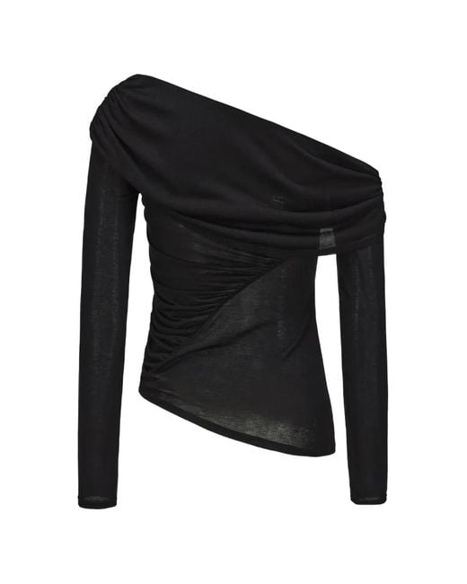 Elwood Black Shirred Off-Shoulder Long-Sleeved T-Shirt