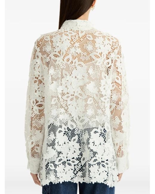 Oscar de la Renta White Floral-Detail Blouse