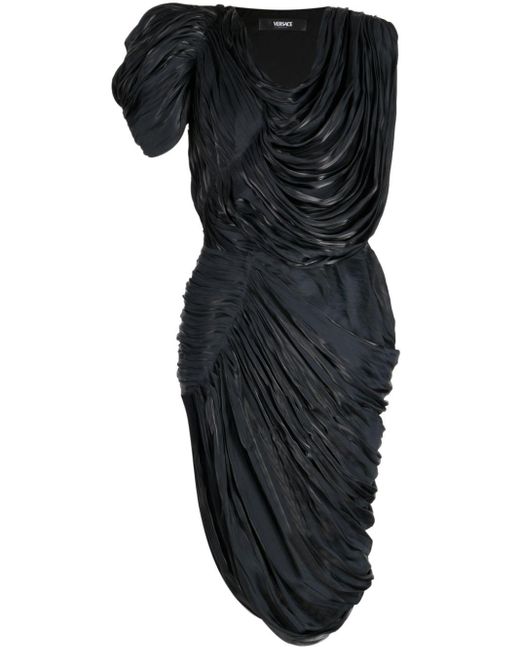 Versace Black Grey Draped Asymmetric Dress - Women's - Polyester/polyamide/viscose