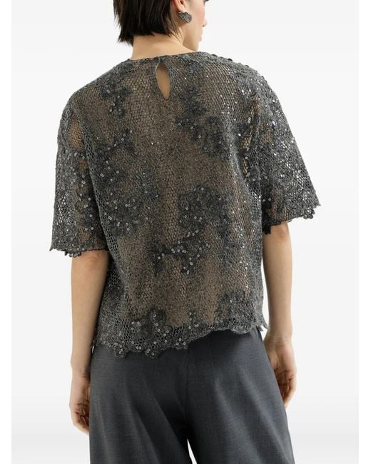 Brunello Cucinelli Gray Dazzling Lace-Embroidery T-Shirt