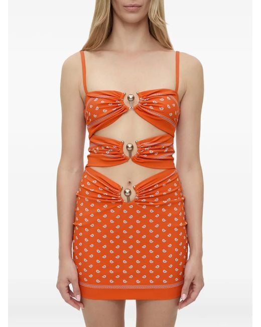 Christopher Esber Orange Ruched Orbit Bandana-Print Mini Dress