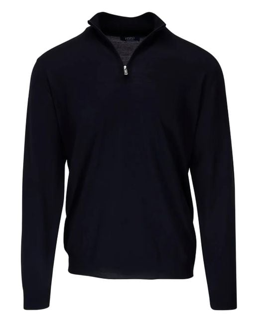 Fedeli Blue Half-Zip Wool Sweater for men