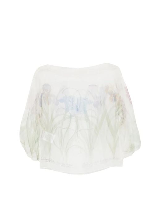 Alberta Ferretti White Printed Organdis Silk Blouse