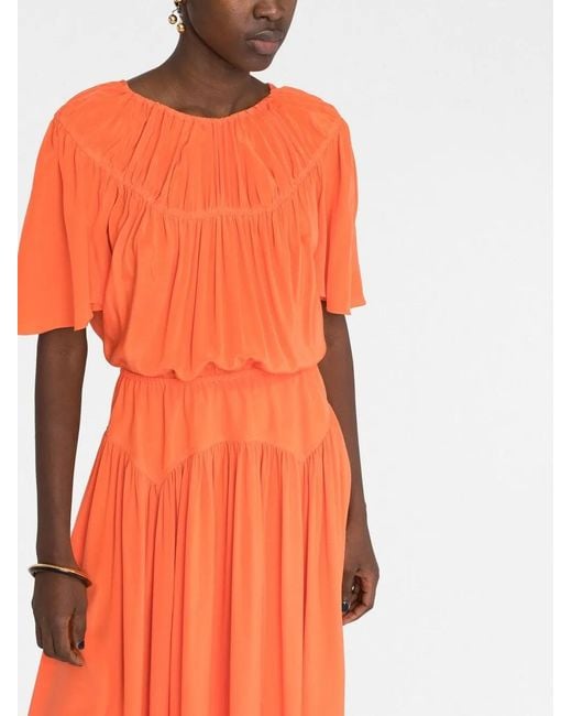 Marni Orange Robe Mi-Longue En Soie À Fronces