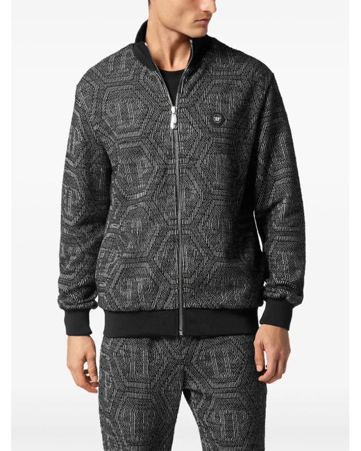 Philipp Plein Black Monogram-Jacquard Bomber Jacket for men