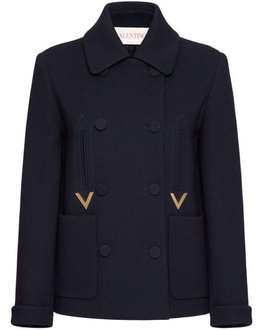 Valentino Garavani Blue Logo-plaque Virgin Wool-blend Coat