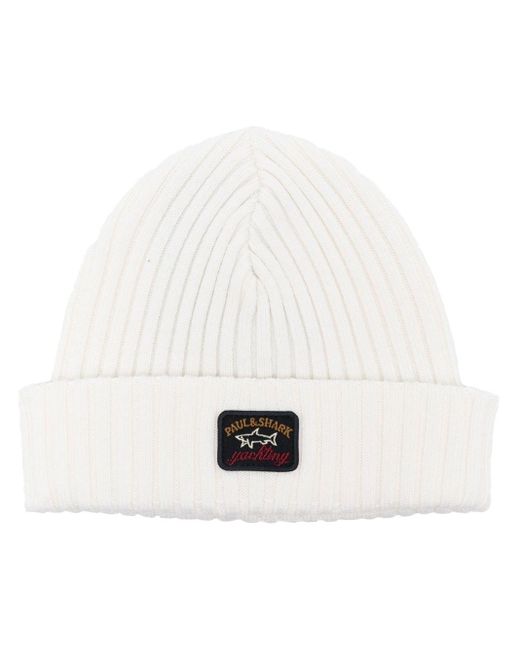 Paul & Shark Wool Logo-patch Ribbed-knit Beanie in White for Men | Lyst UK