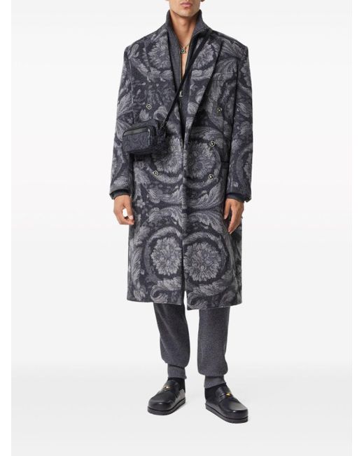 Versace Blue Barocco-jacquard Double-breasted Coat for men