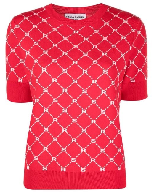 Sonia Rykiel Red Monogram-Pattern Knitted Top
