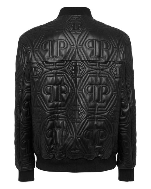 Philipp Plein Black Embossed Leather Bomber Monogram for men