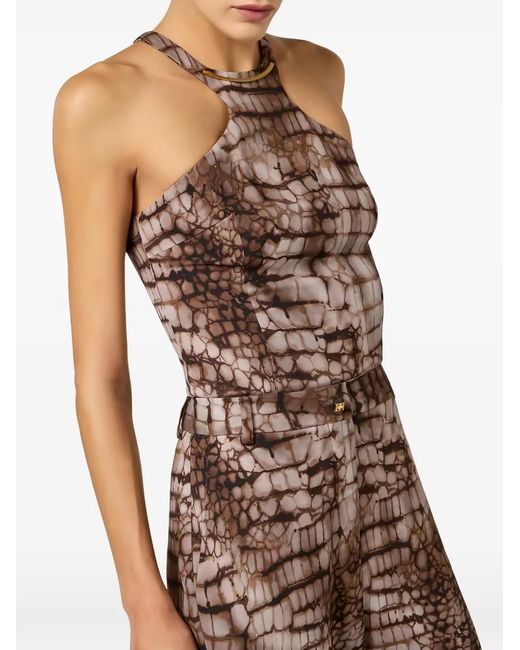 Elisabetta Franchi Brown Alligator-Print Racerback Jumpsuit