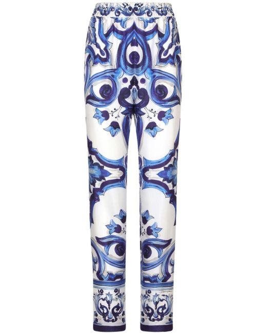 Dolce & Gabbana Blue Seidenhose mit Majolica-Print