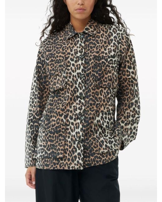 Ganni Gray Canvas-Hemdjacke mit Leoparden-Print