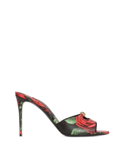 Dolce & Gabbana White Rose-Print Calfskin Mules