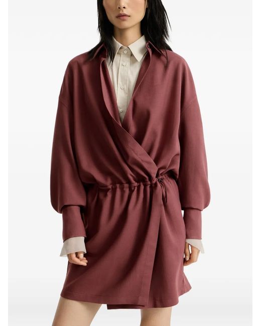 Brunello Cucinelli Red Virgin-Wool Fluid Twill Shirt Dress With Monili