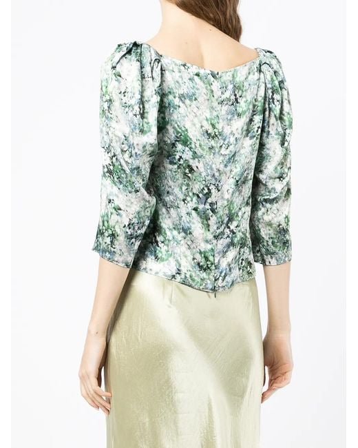 Vince Green Floral-Print Square-Neck Blouse