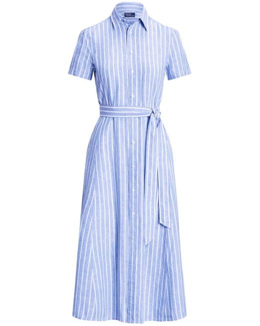 Robe-chemise ceinturée en lin à rayures Polo Ralph Lauren en coloris Blue