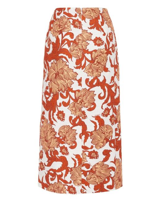 LaDoubleJ Red Floral-print High-waisted Pencil Skirt
