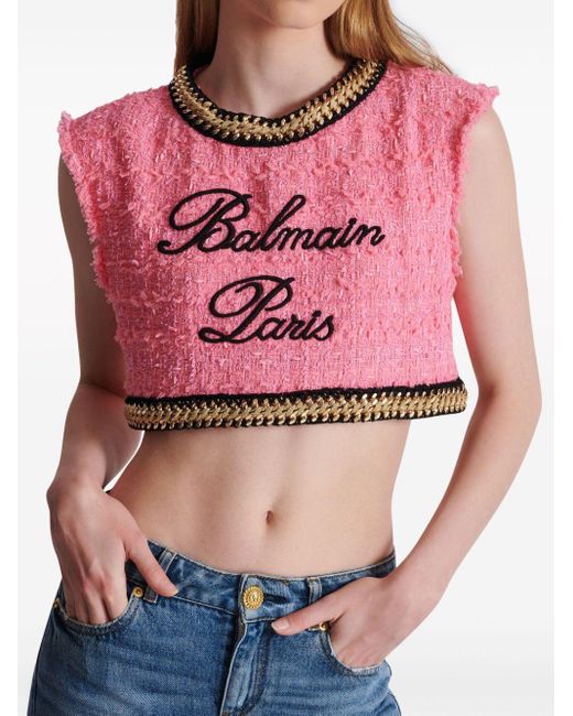 Balmain Pink Logo-embroidered Tweed Crop Top