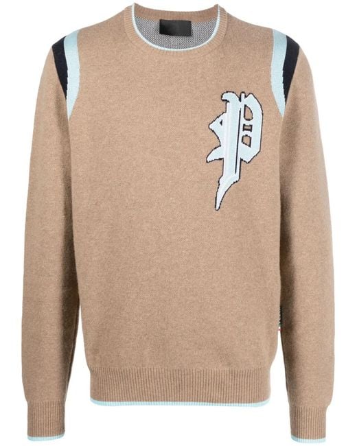 Philipp Plein Natural Intarsia-Knit Logo Knitted Sweatshirt for men