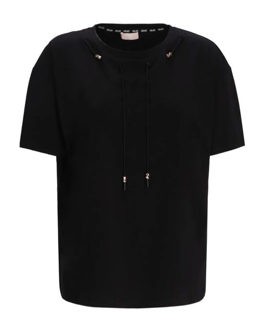 Liu Jo Black Drawstring-Neck Cotton T-Shirt