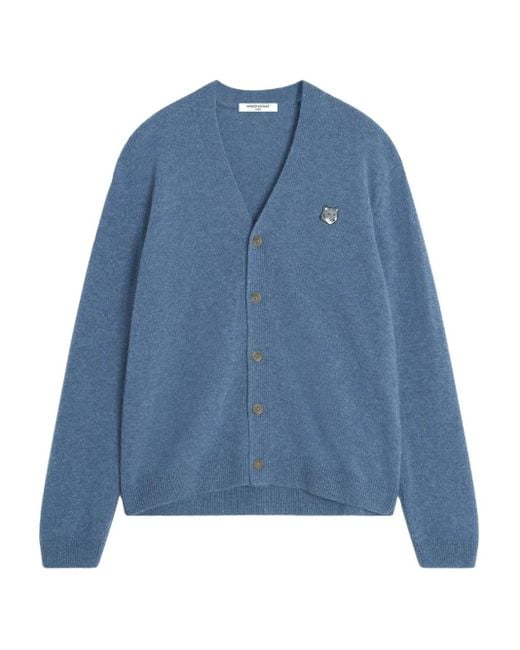 Maison Kitsuné Wollcardigan mit Fuchs-Patch in Blue für Herren