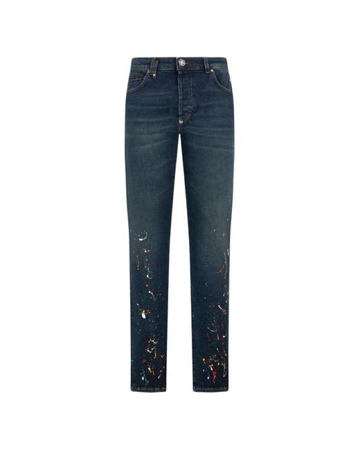 Philipp Plein Blue Straight-Leg Paint-Detail Jeans for men