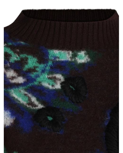 Sacai Blue Embroidered Floral-Intarsia Sweater