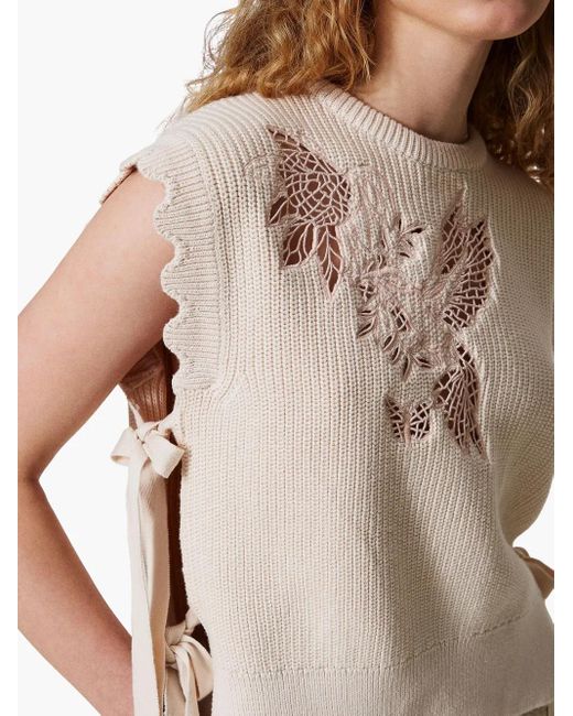 Twinset Natural Embroidered Lace-Detail Top