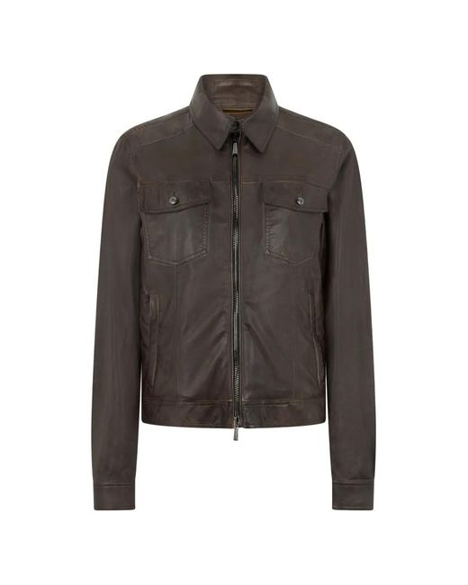 Moorer Brown Shirt Collar Flap Pockets Leather Jacket for men