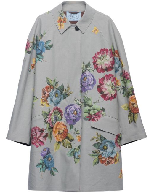 Prada Gray Floral-Print Single-Breasted Cotton Coat