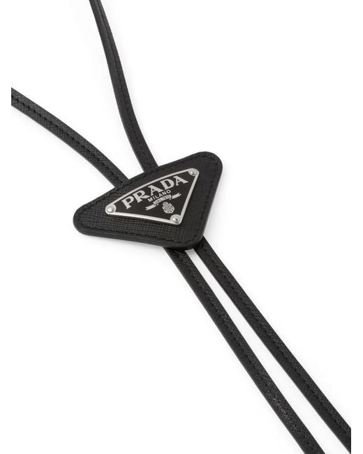 Prada Black Triangular Logo-Plaque Leather Bolo Tie for men