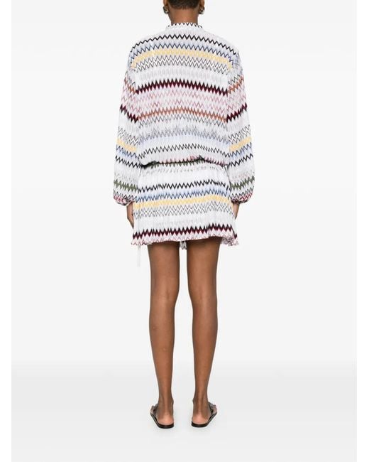 Missoni White Zigzag-Pattern Tie-Neck Mini Dress