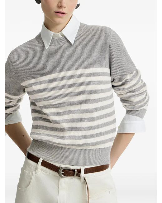 Brunello Cucinelli White Sparkling Cotton Striped English Rib Sweater With Monili