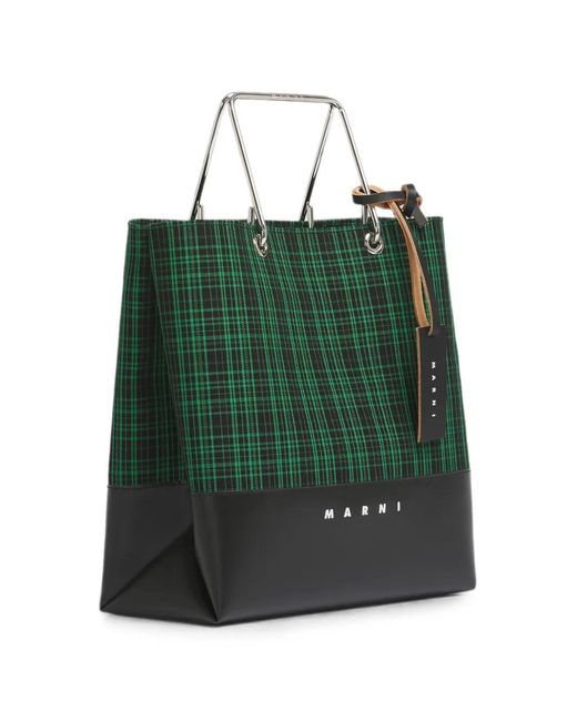 Marni Green Checked Twill Shopper With Metal Handles for men