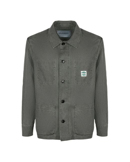 Closed Gray Logo-Patch Multi-Pocket Shirt Jacket for men