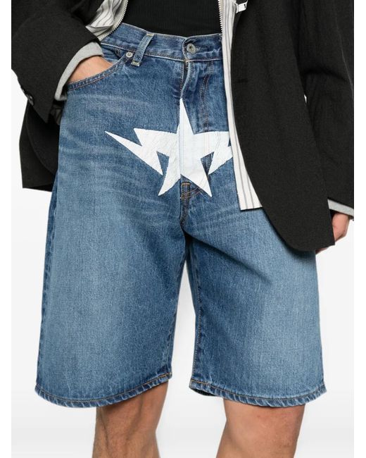 A Bathing Ape Blue Star-Print Denim Shorts for men