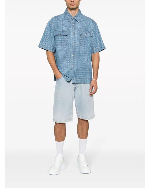 Givenchy Blue 4G-Jacquard Short-Sleeve Denim Shirt for men