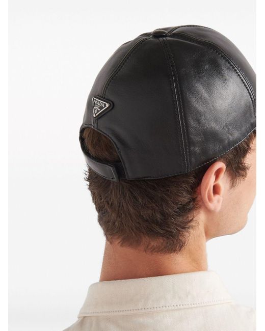 Prada Black Triangle Logo-appliqué Leather Cap for men