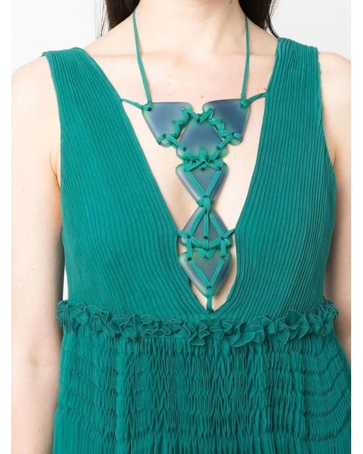 Alberta Ferretti Green V-Neck Silk Dress