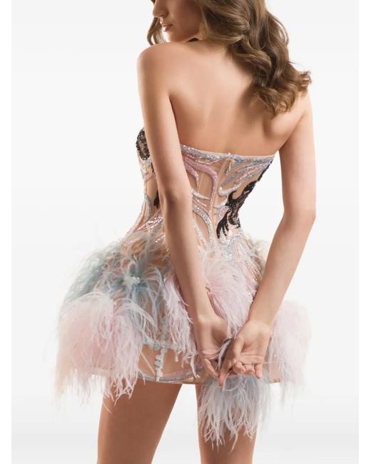 IMROSKA White Bead-Embellished Feather-Trim Dress