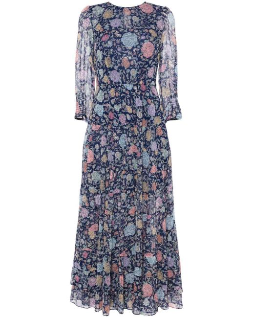Rixo Blue Kristen Floral-Print Chiffon Maxi Dress