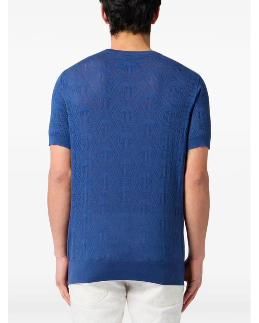 Philipp Plein Blue Round Neck T-Shirt Openwork Monogram for men
