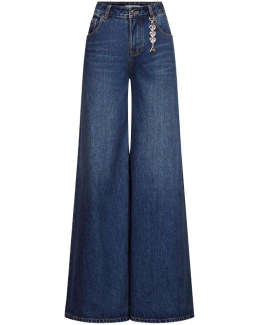 Area Blue Crystal Heart Charm Wide-leg Jeans