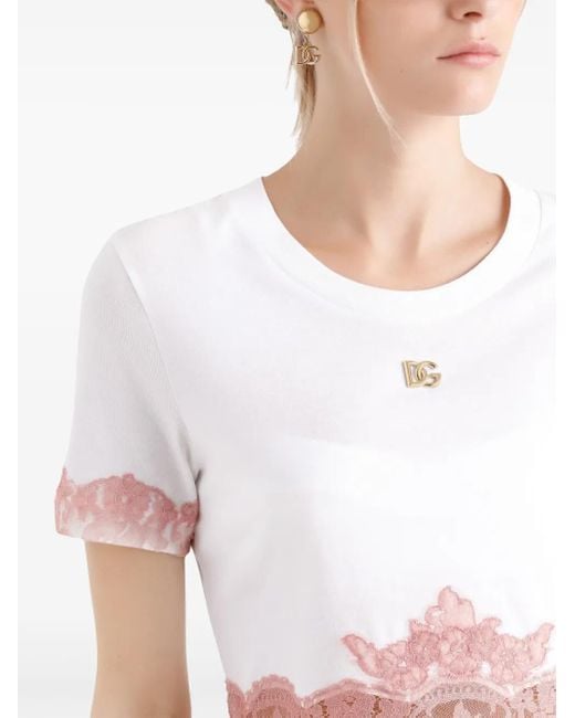 Dolce & Gabbana White Cropped T-Shirt With Dg Logo And Lace Inserts