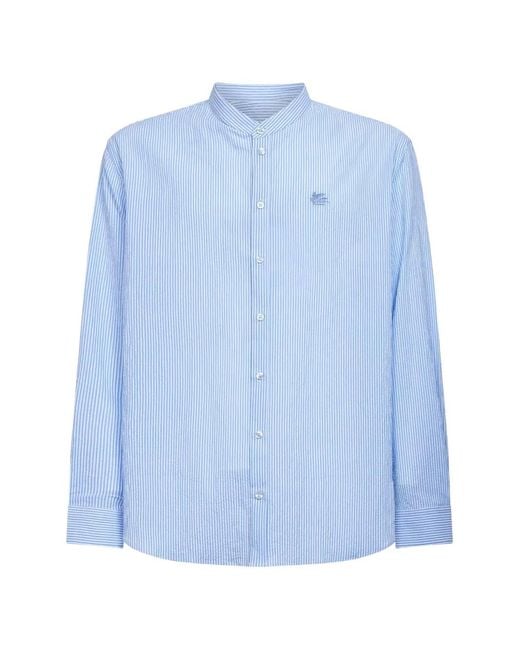 Etro Blue Striped Seersucker Cotton Logo Shirt for men