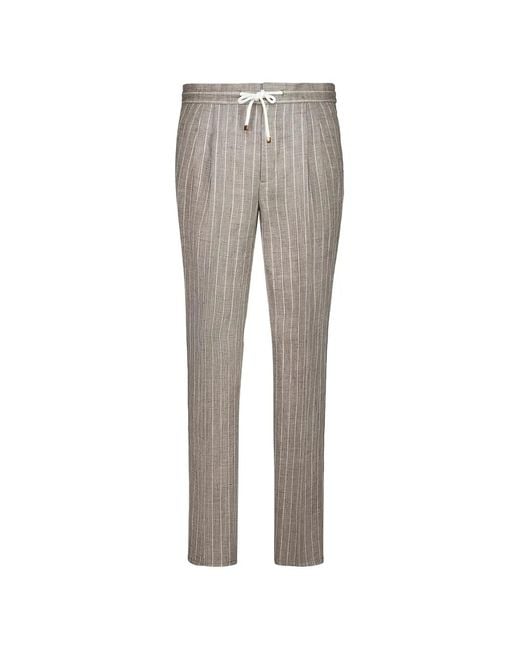 Brunello Cucinelli Gray Stripe Linen Pants With Drawstring And Double Pleats for men