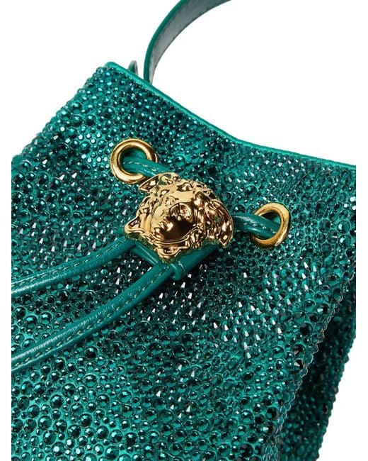 Versace Blue La Medusa Embellished Satin Mini Bucket Bag