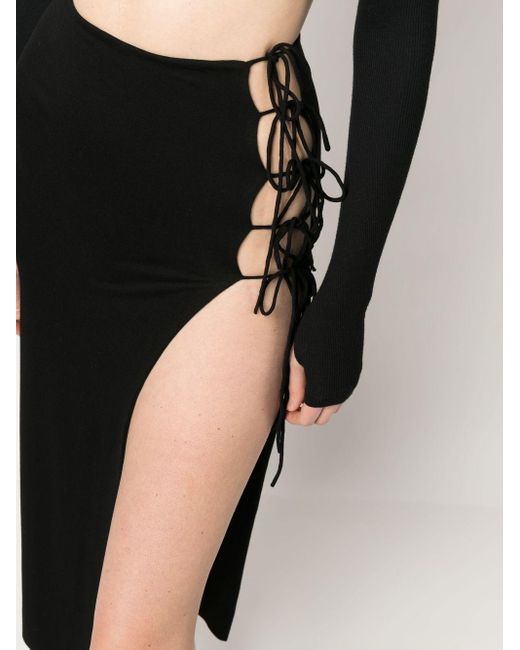 MANURI Black Lace-up Slit Pencil Skirt