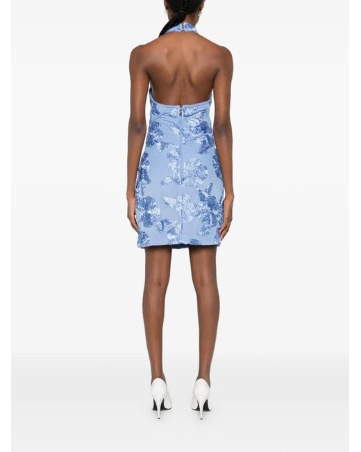 ROTATE BIRGER CHRISTENSEN Blue Short Light Dress With Floral Embroidery